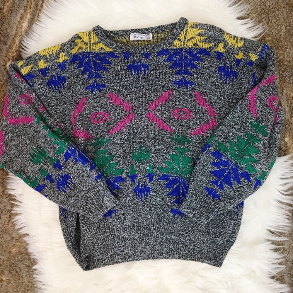 80s Vintage Gray Multi Color Patterned Slouchy Cozy Patterned Sweater - Picture 4 of 6